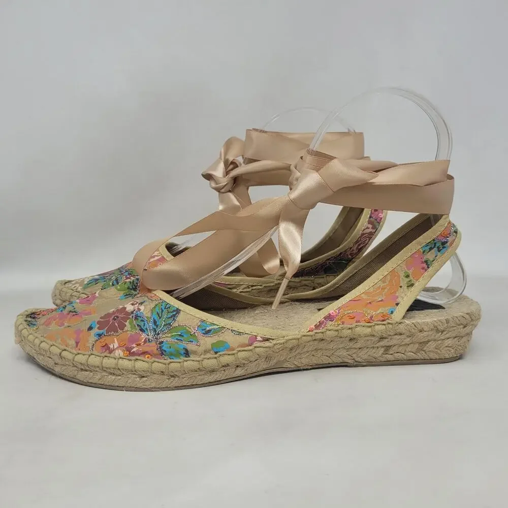 Marmi Sandals 10 Floral Espadrille Sequin Ribbon Tie Wedge Boho Floral Summer